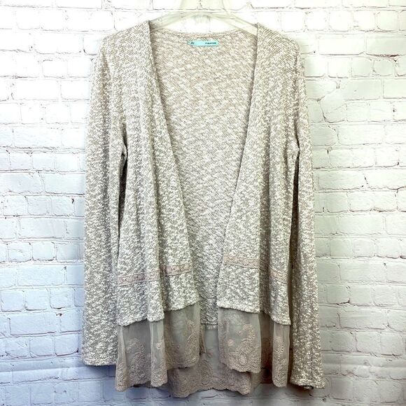 Maurices. Tan and Heather Gray lightweight cardigan w/ lace panel hem. Large - Picture 1 of 10